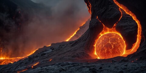 massive ball of lava erupting from the ground, spewing out in all directions. The ground is also on fire, and there are large rocks nearby.