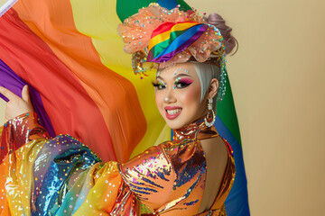 Portrait of a drag performer in glamorous attire, posing with a rainbow flag, celebrating LGBTQ+ pride and drag culture, with room for text overlay