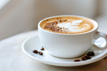 Fototapeta premium Close-up view of a beautifully decorated cappuccino served in a white cup on a saucer with coffee beans scattered around on a wooden table