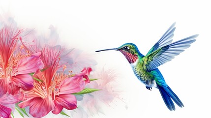 Beautiful close-up of a hummingbird feeding on vibrant flowers with a bokeh background, showcasing nature's beauty and tranquility.