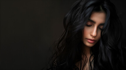 Naklejka premium portrait of a arabic woman with black hair soft skin closing eyes , black bagkround studio 