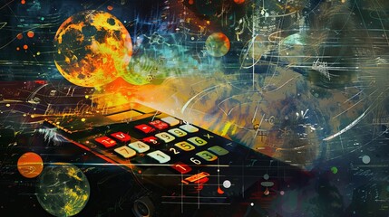 Vintage calculator in a cosmic space for science and technology themed designs