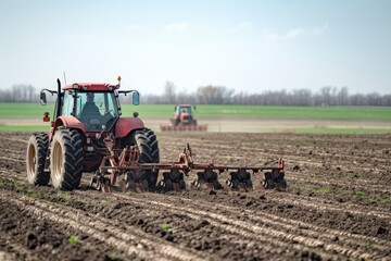 Farmers plowing a field with tractors