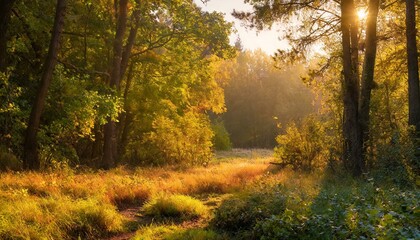 A serene forest glade bathed in the golden light of dawn.
