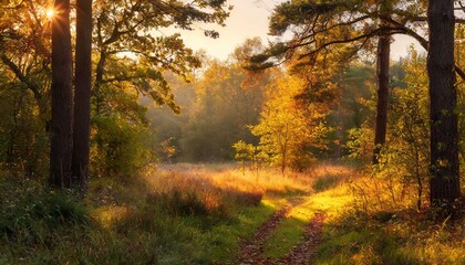 A serene forest glade bathed in the golden light of dawn.
