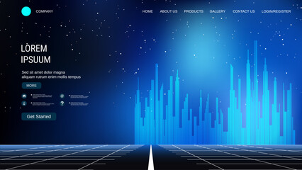 Modern trendy landing page vector design template. Futuristic city background