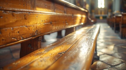 A wooden bench in a church with sunlight shining on it