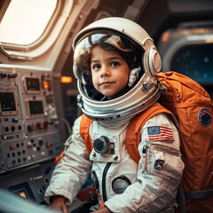 Child Astronaut In Suit Inside Space Rocket Ship Hopeful Aspiring Future Career Job Occupation Concept