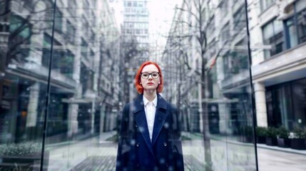 Fototapeta premium A confident young woman in a stylish black suit stands in a modern urban street flanked by reflective glass buildings