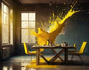 splashes of colorful vibrant paint liquid water in the air; interior design; home apartment condo
