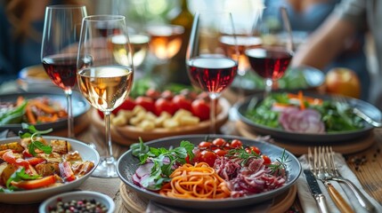 Obraz premium An elegant dining table adorned with a vibrant and colorful array of dishes, including fresh salads and appetizers, accompanied by various glasses of red and white wine