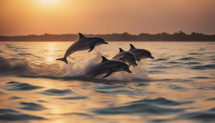 Obraz premium pod of dolphins jumping on the water surface at sunset in the ocean 