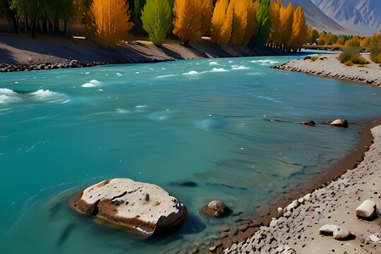 Autumn scene, blue turqu oise water of Gilgit river flowing through Gupis,Pakistan. Autumn scene, blue turquoise water of Gilgit river flowing through Gupis, Ghizer, Gilgit-Baltistan, Pakistan.
