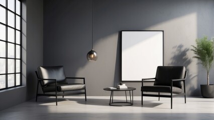 Black wall background with minimal chairs, and blank poster frame