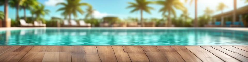 This abstract background offers a hazy impression of a wooden deck by a shimmering pool, the blur capturing the essence of a leisurely summer day.