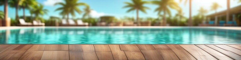 Fototapeta premium This abstract background offers a hazy impression of a wooden deck by a shimmering pool, the blur capturing the essence of a leisurely summer day.