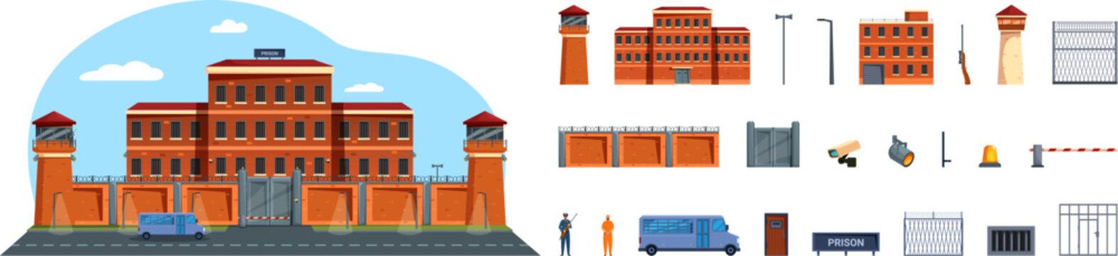 Prison building vector. A series of images of a prison building and its surroundings. Scene is serious and somber