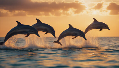 pod of dolphins jumping on the water surface at sunset in the ocean
