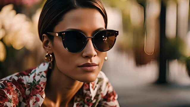Fashionable young woman wearing sunglasses and floral blazer epitomizes spring fashion trends and International Women's Day elegance