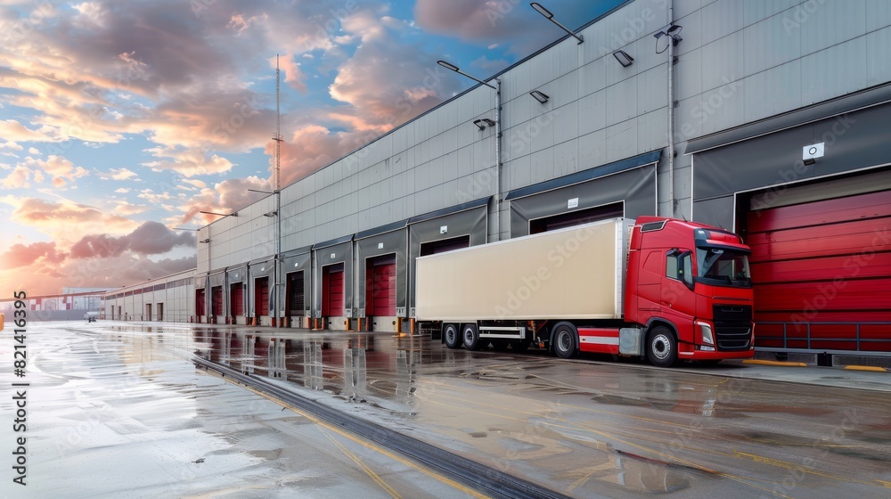 Poster a modern distribution warehouse with loading docks enhances logistics efficiency under a striking sk