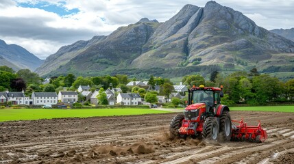 A tractor plows a countryside field with mountains and houses in the background, green potato fields, loading red agricultural granulate, a driver on the front wheel of the tractor.