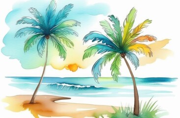 Obraz premium Two Palms tree on the island on the background of the sea, vacation, beach, summer, sun, Watercolor illustration.