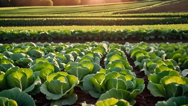 Sunlit rows of lush green cabbage growing in a field, symbolizing sustainable farming and harvest season, ideal for World Food Day concepts
