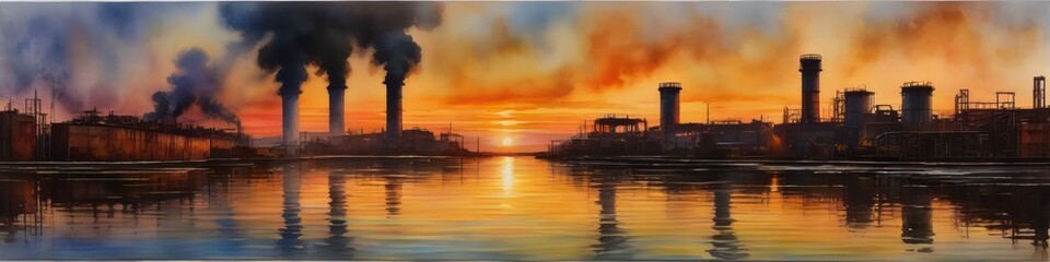 This abstract background depicts the stark contrast between industrial black smoke billowing from factory pipes and the warm orange hues of the sky, symbolizing the urgent need for environmental prote