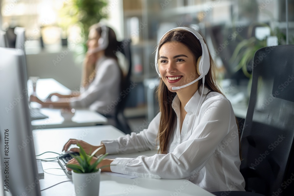 Poster a female customer service rep in a modern office provides professional and warm assistance to client