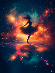 silhouette of a ballerina on her toes with sparks on the background 