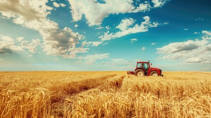 Obraz premium A red combine working in a wheat field, shot from behind the machine, sunny day, forest in the background. Harvesting on the field.