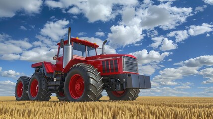 Obraz premium A red combine working in a wheat field, shot from behind the machine, sunny day, forest in the background. Harvesting on the field.