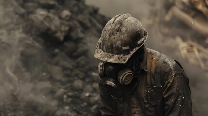 A thick layer of dust and debris covering the stokers entire body a testament to the gritty nature of his job.
