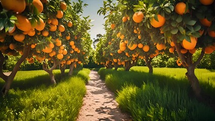 Lush orange grove with ripe fruit on a sunny day, suitable for themes of agriculture, harvest season, and citrus health benefits