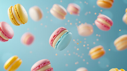 Obraz premium delightful, Colorful macarons floating against a light blue background--what a sweet and whimsical scene