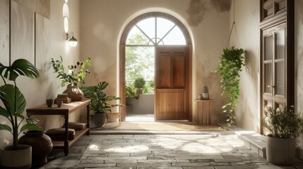 A rustic wooden door with an arched top into the house, next to the front door stands a long table made of weathered white oak with black iron fittings.