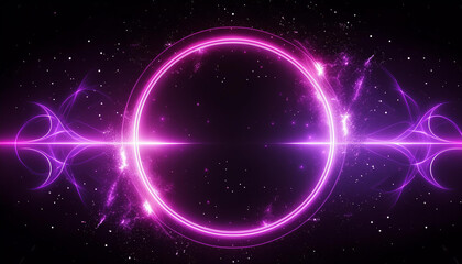 Abstract neon energy sphere of particles and waves of magical glowing on a dark background, circle and loop frames with magic purple and pink flame and sparks
