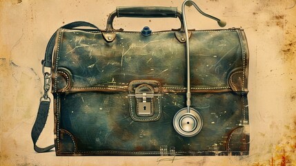 Vintage leather bag with stethoscope for medical design