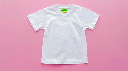White children's t-shirt mockup, back of shirt facing camera, blank white cotton short-sleeved crewneck t-shirt on pink background.
