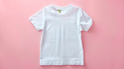 White children's t-shirt mockup, back of shirt facing camera, blank white cotton short-sleeved crewneck t-shirt on pink background.