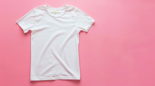 White children's t-shirt mockup, back of shirt facing camera, blank white cotton short-sleeved crewneck t-shirt on pink background.
