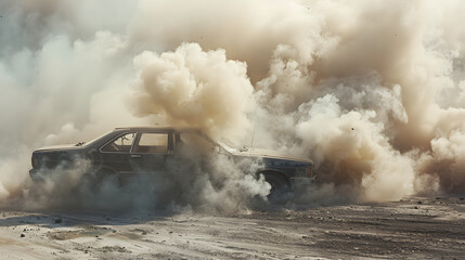 Fototapeta premium A car is driving through a cloud of smoke, with the smoke billowing behind it