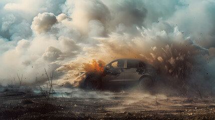 A car is driving through a cloud of smoke, with the smoke billowing behind it