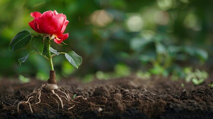 Single red rose with roots exposed in soil, symbolizing growth and natural beauty.