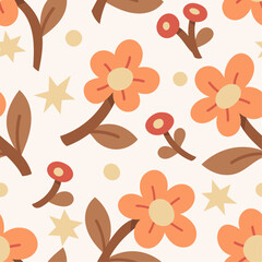 Vector cute floral seamless pattern. Botanical delicate background with flowers and abstract stars elements.