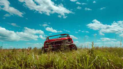 Fototapeta premium A rusted old car is sitting in a field