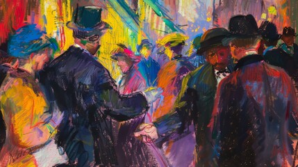 Vintage painting of a crowd in paris street