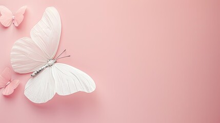 White butterfly on a pink background, pink wall, shadow, light and dark contrast, minimalist style, oil painting, top view.