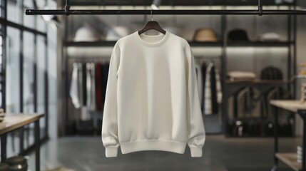 White sweatshirt on a hanger in a stylish clothing store. Mockup template.