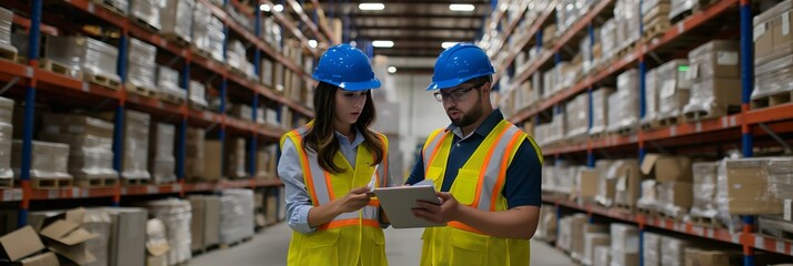 In warehouses, employees wear safety vests and hard hats while using digital tablets for inventory checks. They discuss logistics, teamwork, and efficiency in the industrial setting